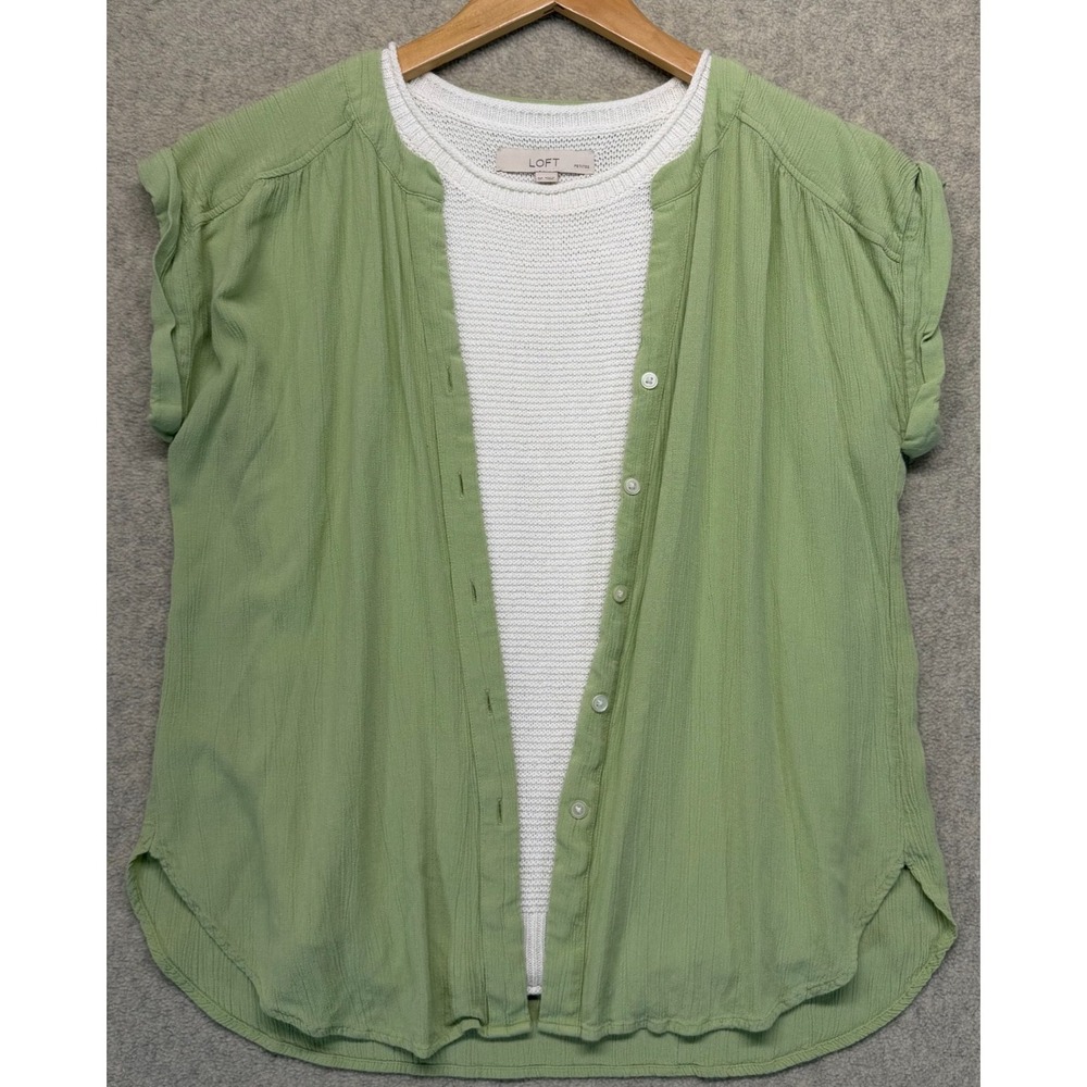 Loft Womens Blouse Top Green‎ Button Front Short Sleeve With White Inner Tank SP